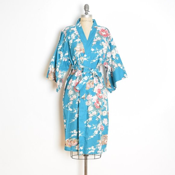 Other - vintage 80s kimono jacket blue floral print wrap duster cotton Asian Japanese